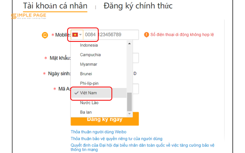 đổi sang chỗ nhập số điện thoại Việt Nam