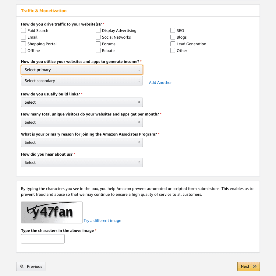 Amazon Affiliate Program sign up Step 4