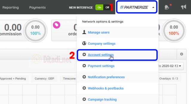 vào mục account settings cài đặt tài khoản trên partnerize