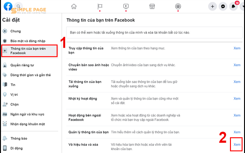 Thông tin của bạn trên Facebook -> Vô hiệu hóa và xóa