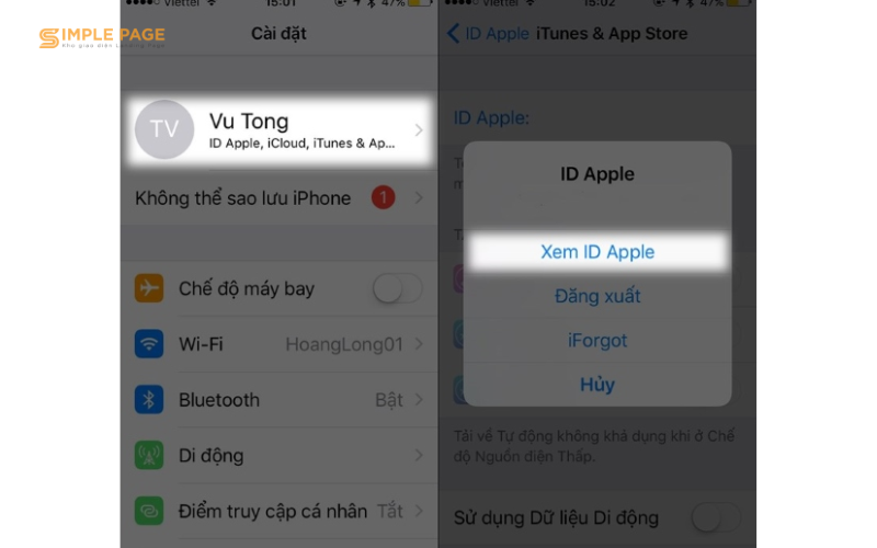 chọn mục ID Apple và bấm vào Xem ID Apple.