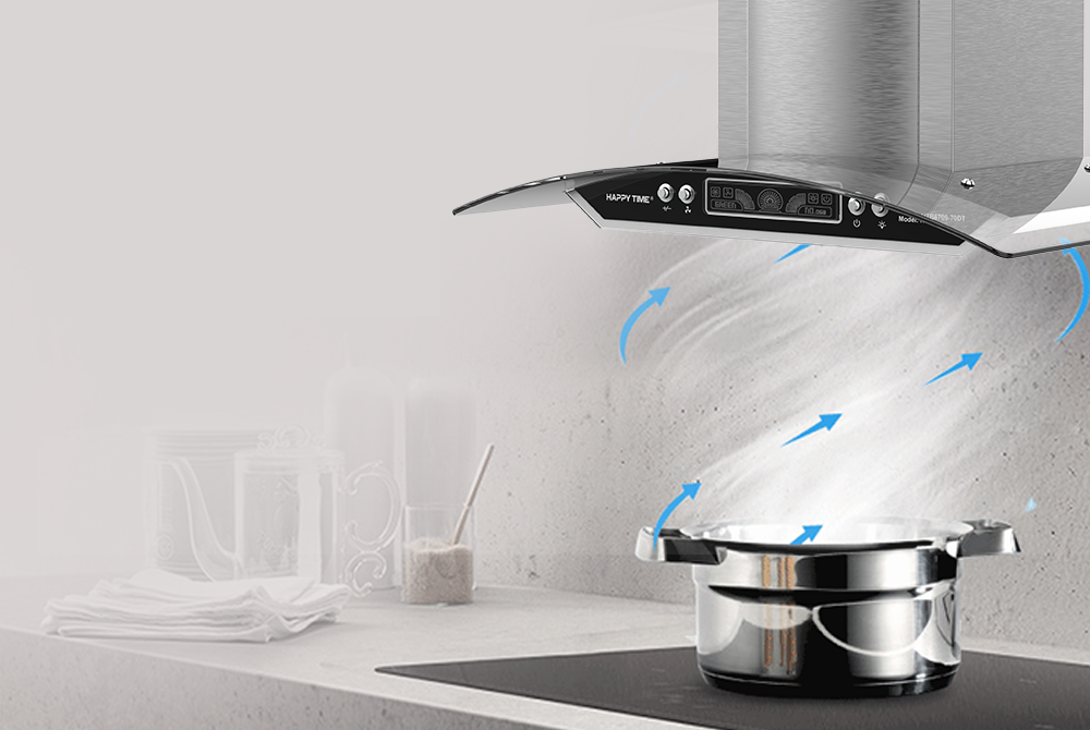 Máy hút mùi truyền thống và kính cong hoạt động dựa trên động cơ quạt và màng lọc mỡ để hút không khí chứa dầu mỡ, mùi hôi trong bếp và thải ra ngoài