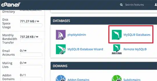 chọn mục "MySQL® Databases."