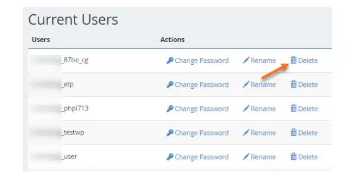 chọn "Delete" trong mục "Current Users"