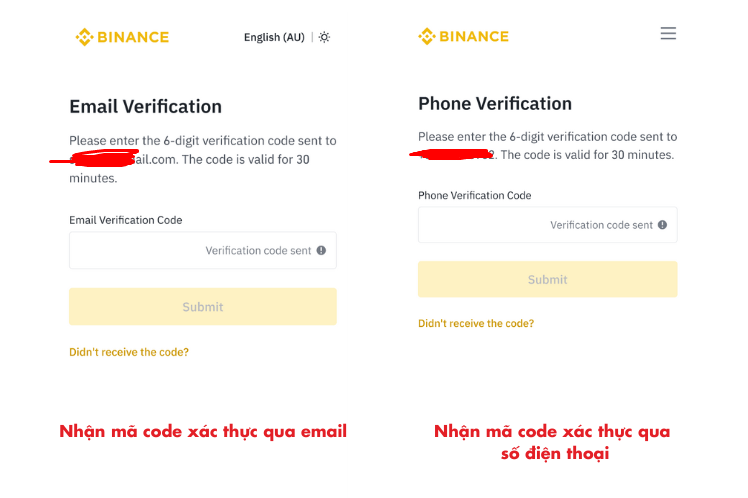 Xác minh code từ gmail và số điện thoại binance