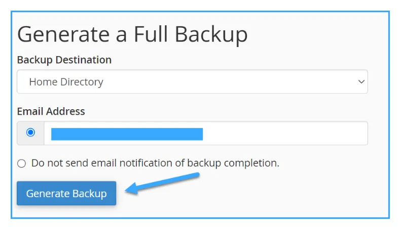 nhấn vào "Generate Backup" để bắt đầu quá trình sao lưu