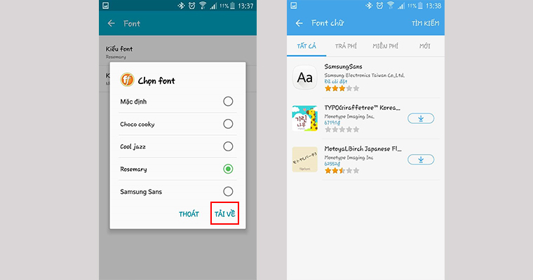 nhấn vào "Tải về" và sau đó chọn "Cửa hàng ứng dụng Samsung" để tải về font chữ mới.