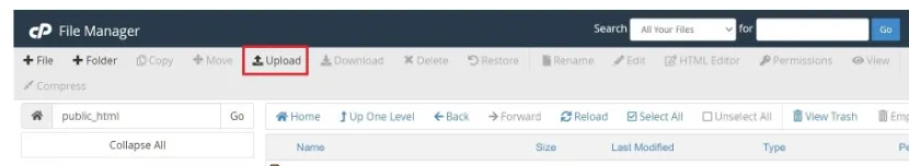 chọn "Tải lên tệp" trong thư mục public_html.